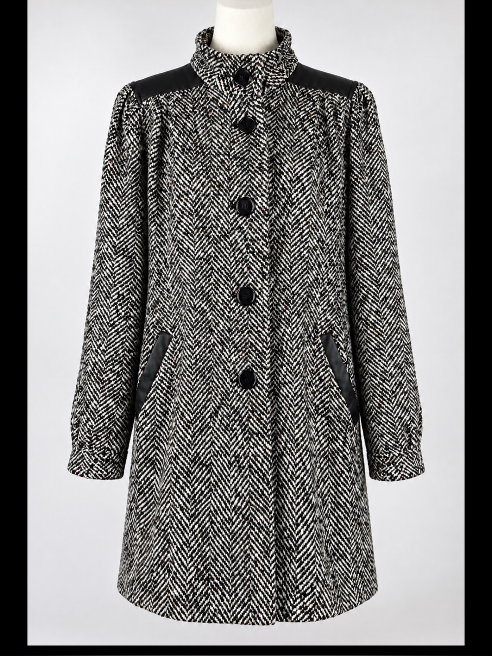 Lauren Banks Vintage Herringbone Tweed Leather Trim Car Coat Made in USA